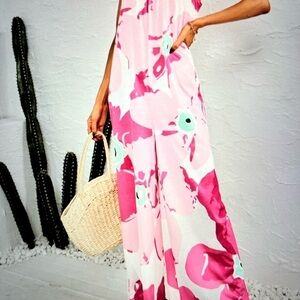 LA Mode Woman Pink & White Floral Sleeveless Wide- Leg Jumpsuit, Size M